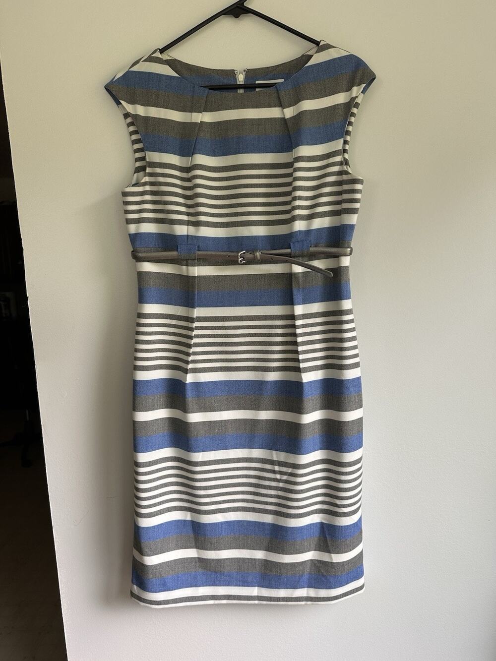 Calvin Klein Stripe Sheath Dress Belted Cap Sleeve Size Tag Gone 8? Read